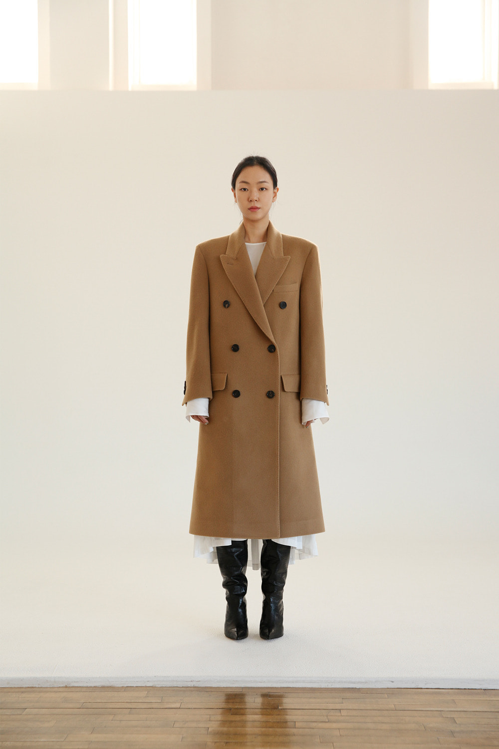 classic double breasted camel long coat