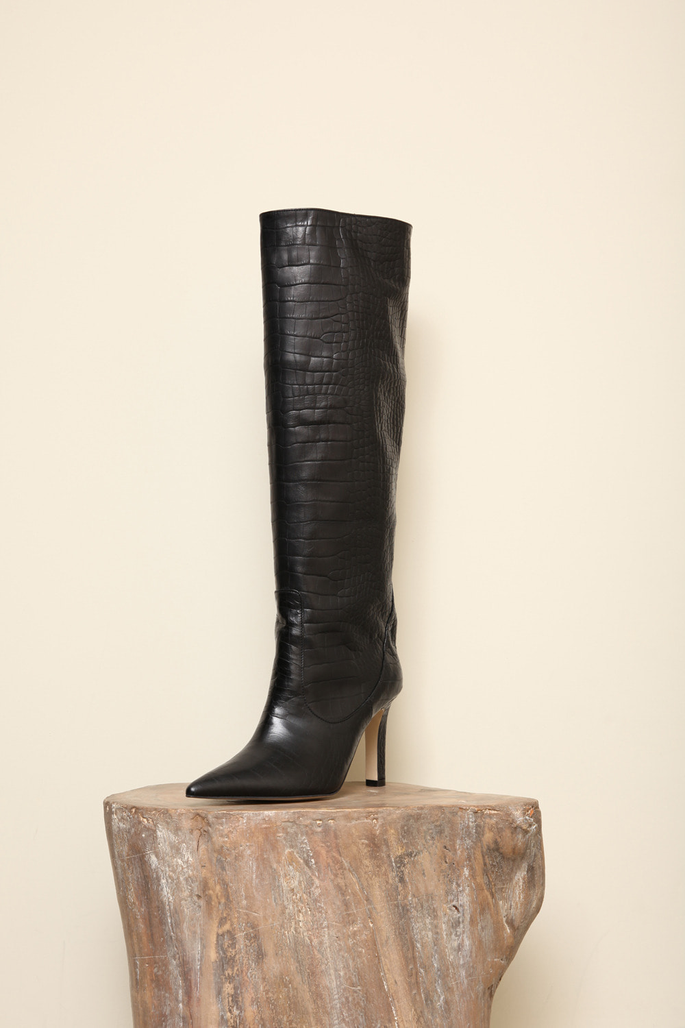 alligator-patterned leather slouchy long boots