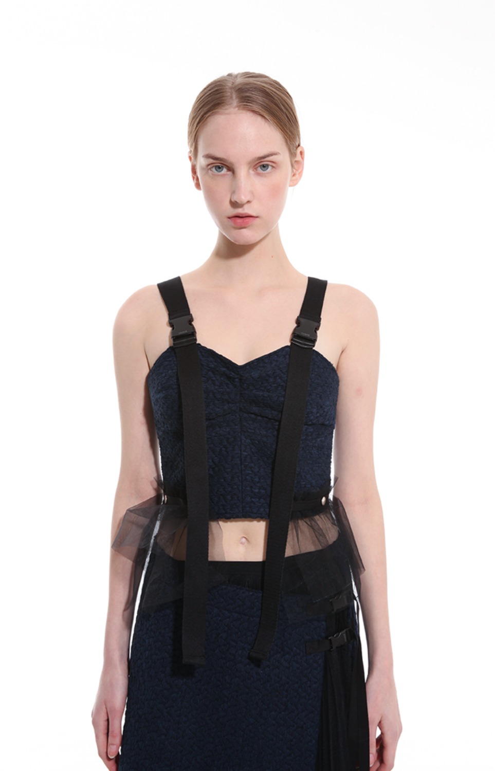 Belt &amp; detached tulle detail tweed top in midnight blue